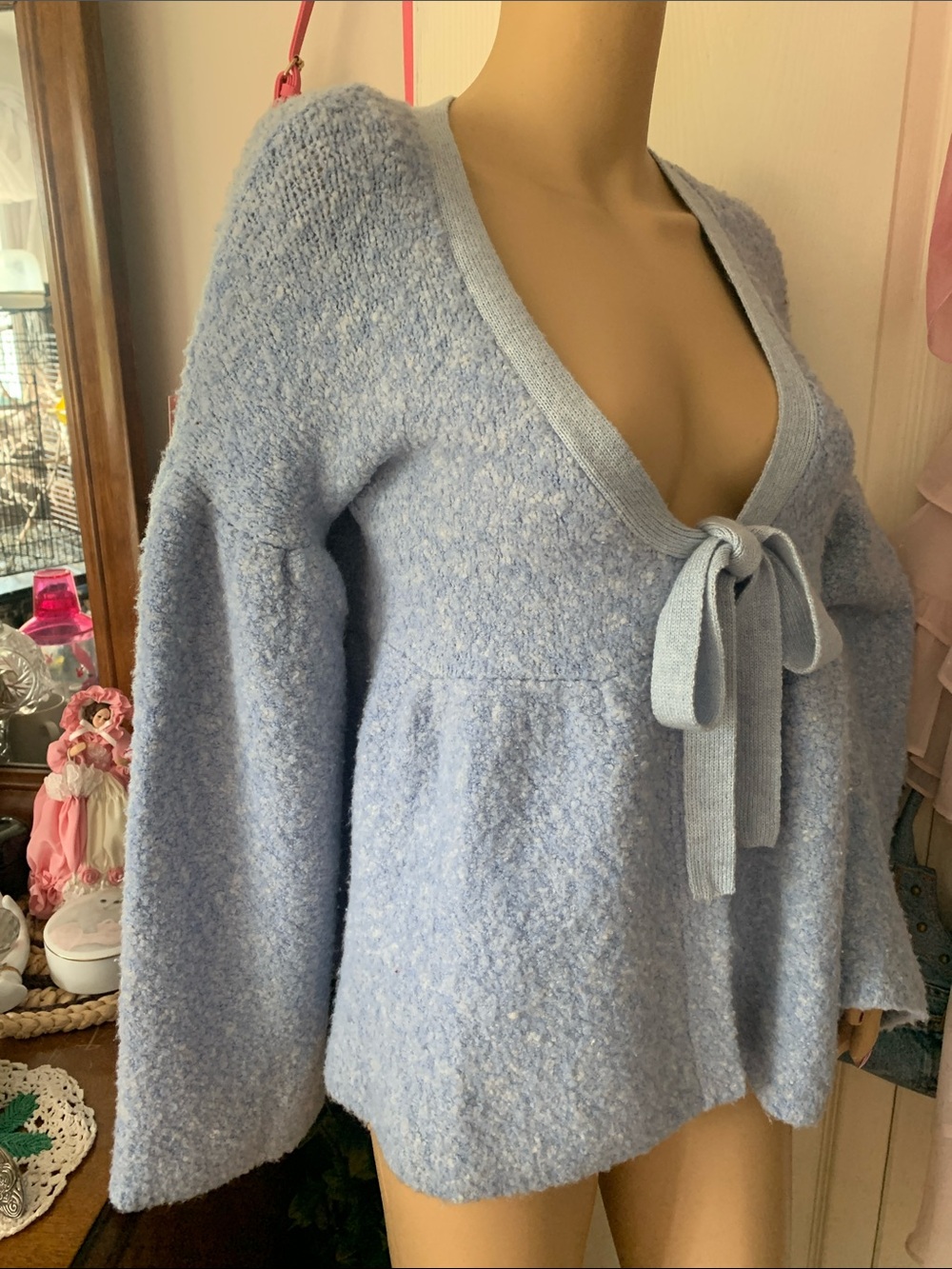 90s blue Boucle wool bell sleeve wrap babydoll cardigan sweater m